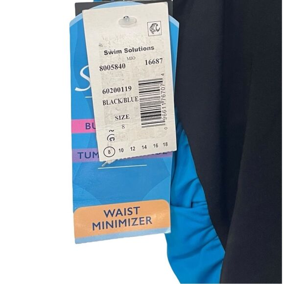 NWT Swim Solutions | Blue Black Tummy Control Draped High Neck Swimsuit 8 - Picture 7 of 10